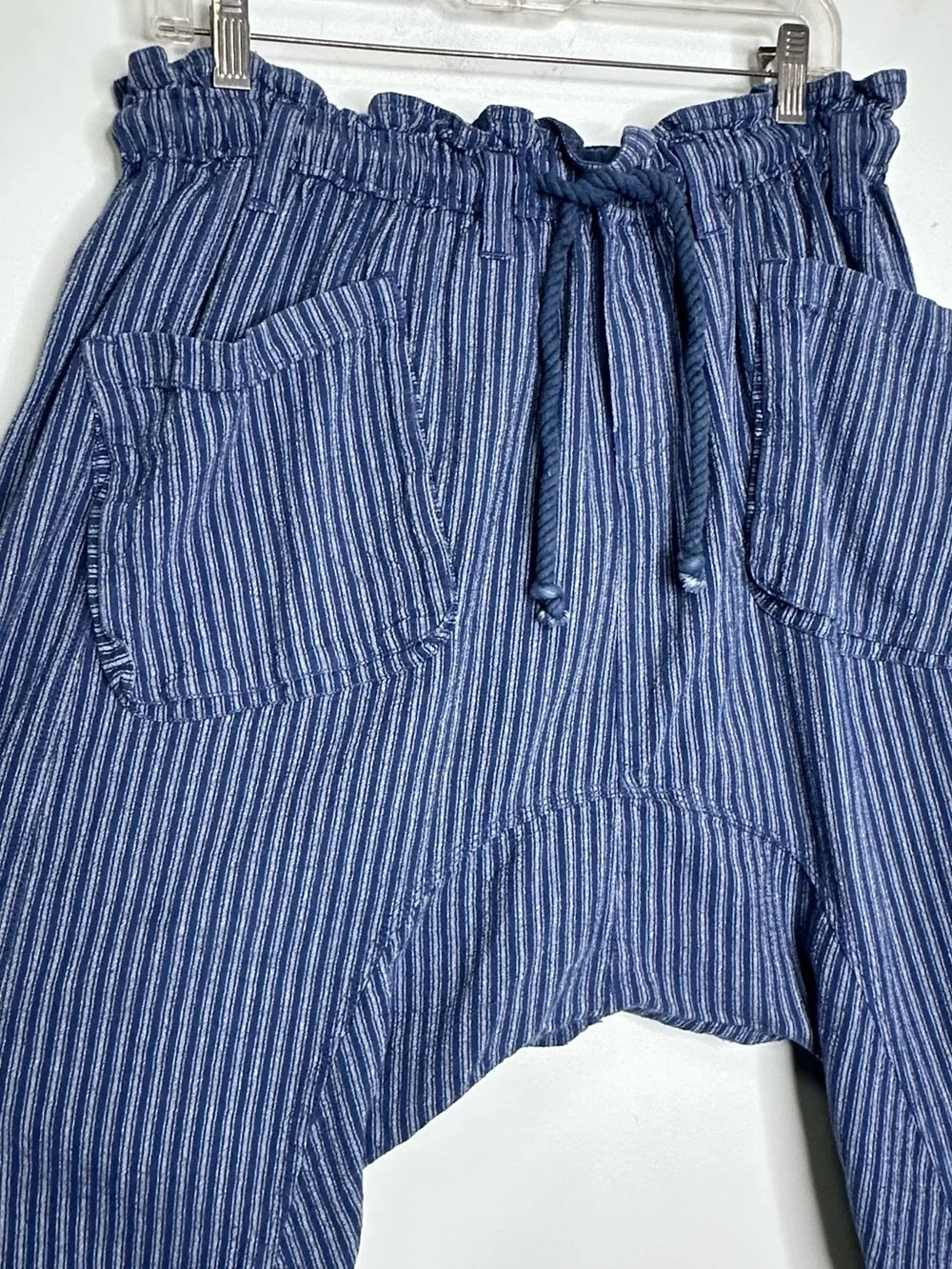 Free People Runyon Oversized Stripe Harem Drop Crotch Blue Cropped Pants